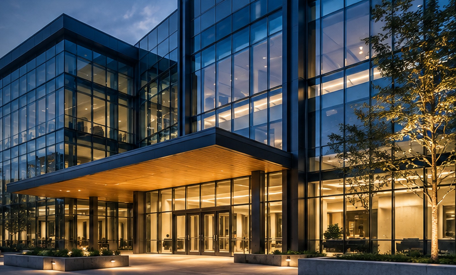 Illuminated commercial glass building